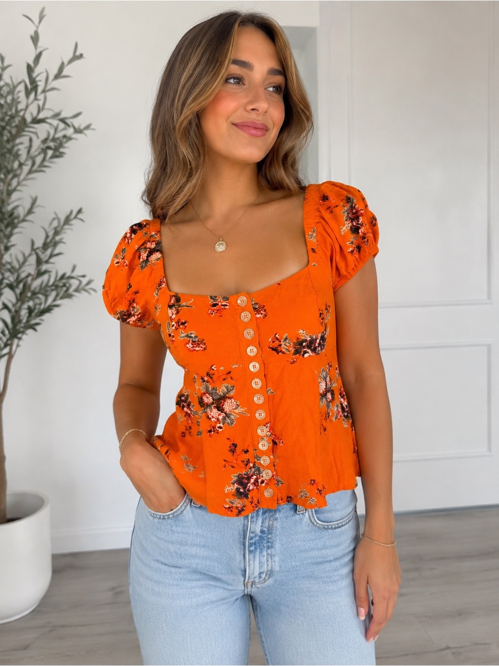 Free People Orange Floral Puff Sleeve Button Front Blouse S